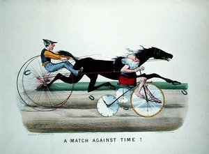 Ein Wettlauf gegen die Zeit, Rennen zwischen einem Pferd und Vater Zeit auf einem Fahrrad