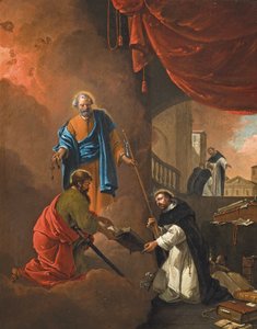 Die Vision des heiligen Dominikus, mit dem heiligen Dominikus, der zwei missionarische Mönche segnet von Thomas Wyck