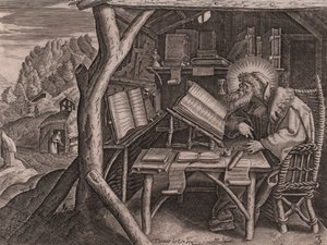 Der heilige Evagrius Ponticus vertieft in seine Studien, Radierung und Grabstichel von Thomas de Lieu (1560-1612)