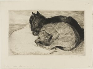Zwei Katzen auf einem Kissen von Théophile Alexandre Pierre Steinlen