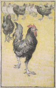 Hahn, gefolgt von schwarzen und weißen Hennen von Théophile Alexandre Steinlen