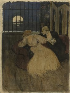 Herr im Frack versucht eine zögernde Dame auf einem Sofa zu überreden von Théophile Alexandre Steinlen