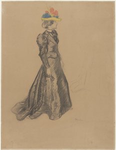 Stehende Dame in schwarzem Kleid mit Schleppe und einem Strohhut mit Sommerblumen von Théophile Alexandre Steinlen