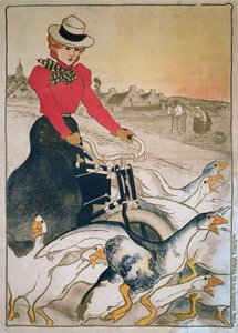 Frau auf motorisiertem Velociped und Gruppe von Gänsen