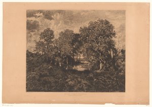 Ansicht des Waldes von Fontainebleau mit einer Figur bei einem Teich