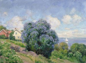 Sommerlandschaft mit Fliederbusch, Haus und Segelboot