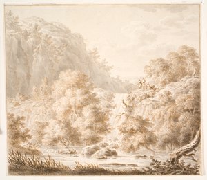 Berglandschaft mit Bäumen und Wasserfall sowie drei Figuren von Thorsten Elias Hjaltelin