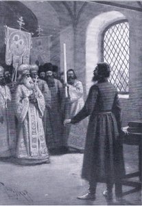 Boris Godunov im Ruhestand im Kloster, gebeten, seine Wahl zum Zaren anzunehmen, Illustration aus Landmarks in European History, veröffentlicht von Gresham Publishing Co, ca. 1920 (Lithografie) von Thure de Thulstrup