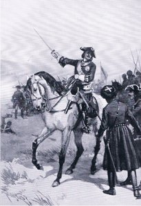 Peter der Große in der Schlacht von Poltawa, Illustration aus Landmarks in European History, veröffentlicht von Gresham Publishing Co, ca. 1920 (Lithografie) von Thure de Thulstrup