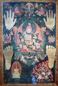 Gnya-Khri btsan-Po, legendärer erster König von Tibet, Reinkarnation des Bodhisattva Avalokitesvara, einer der weltlichen und spirituellen Führer Tibets, Gemälde auf Leinwand, tibetische Zivilisation