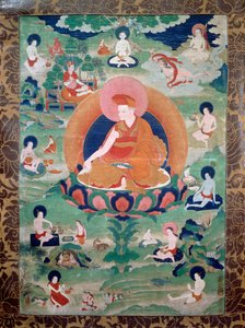Der Lama Rdo Rje Grags Pa, der im 11. Jahrhundert lebte, umgeben von seinen Anhängern, Malerei, tibetische Zivilisation von Tibetan School