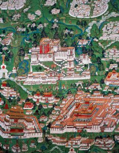 Die Stadt Lhasa und der Potala, kolorierte Gravur