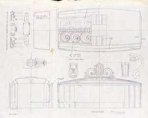 Eine Zeichnung des Designs für ein Tiffany & Co. Ausstellungsmittelstück und zwei dreiflammige Kandelaber, hergestellt für die Weltausstellung 1939, ca. 1939