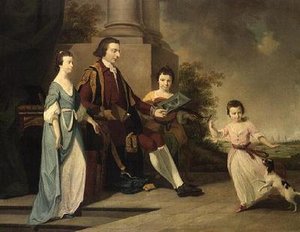 Thomas Noel, 2. Viscount Wentworth, sitzend mit seinen drei Schwestern, Judith, Elizabeth und Sophia, auf der Terrasse mit Oxford im Hintergrund