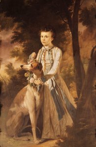 Porträt von John Graham, als Junge, ganzfigur, in indischer Kleidung, hält einen Blumenkranz um den Hals eines Windhunds an seiner Seite, in einer Landschaft