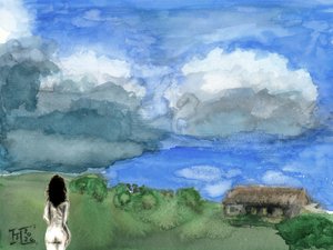 Frau betrachtet weite Landschaft