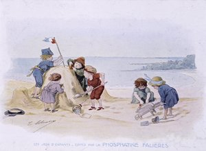 Kinderspiele: Kinder bauen eine Sandburg - Zeichnung von Lobrichon, ed. von Phosphatine Falières, ca. 1920