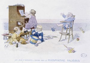 Kinderspiele: Kinder spielen verschiedene Musikinstrumente (Zeichnung von Lobrichon, herausgegeben von Phosphatine Falieres, ca. 1920)
