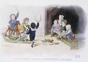 Kinderspiele: Kinder mit verschiedenen Spielzeugen (Reifen, Schaukelpferd, Puppen...) - Zeichnung von Lobrichon, Ed. von Phosphatine Falieres, ca. 1920