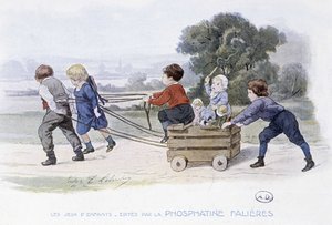 Kinderspiele: Pferde und Kutsche (Zeichnung von Lobrichon, herausgegeben von Phosphatine Falieres, ca. 1920)