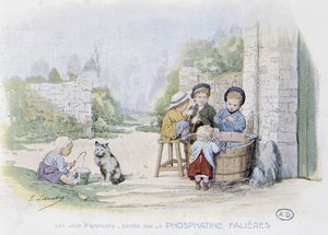 Kinderspiele: Angeln in einem Eimer (Zeichnung von Lobrichon, herausgegeben von Phosphatine Falieres, ca. 1920)