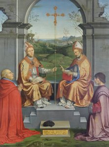 Heilige Thomas Becket und Martin von Tours, verehrt von Bischof Giovanni Pietro Arrivabene und seinem Neffen Giacomo von Timoteo Viti