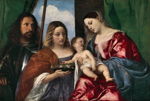 Die Jungfrau und das Kind mit der Heiligen Dorothea und dem Heiligen Georg, 1515-18 von Tiziano Vecelli