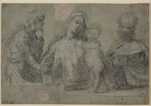 Halbfiguren einer Madonna und eines Kindes, flankiert von den Heiligen Johannes dem Täufer und Petrus