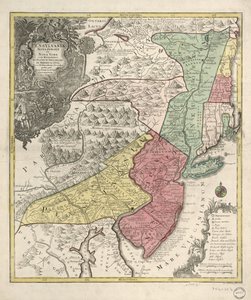 Relief kartografisch dargestellt. Auch Neuengland (verzerrt) und nördliche Chesapeake-Region. Titel in Latein; Anmerkungen in Deutsch und Latein; Legende in Latein, Deutsch und Englisch. Unbekannter Meridian. Provinzen durch farbige Waschungen angezeigt; P