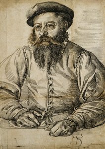 Porträt eines bärtigen Mannes, halblang, an einem Tisch sitzend von Tobias Stimmer