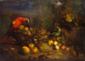 Papageien und Früchte mit anderen Vögeln und einem Eichhörnchen von Tobias Stranover