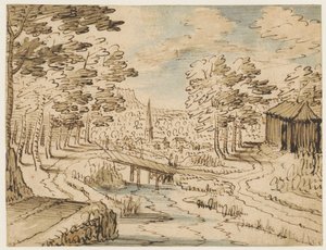 Landschaft mit Brücke von Tobias Verhaecht (circle of)