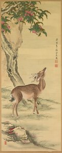 Symbole der Langlebigkeit: Hirsch unter Pfirsich und Kiefer, 1801 von Toda Tadanaka