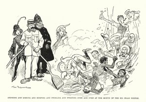 Drehen und Treten und Stoßen und Wirbeln und Drehen über und über am Mundstück der großen Messingdüse (Lithografie) von Tom Browne