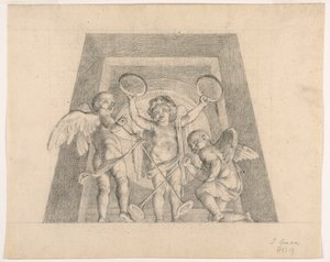 Drei Putti mit Tamburinen und Trompeten, Entwurf für Lunette der Sala delle Muse, Museo Pio-Clementino, Vatikan von Tommaso Maria Conca