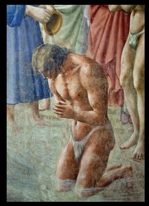 St. Peter tauft die Neophyten, Detail des Neophyten, ca. 1427 Fresko von Tommaso Masaccio