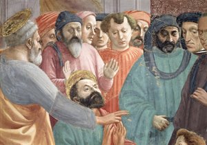Die Auferweckung des Sohnes des Theophilus, König von Antiochia Detail von SS. Peter und Paul und Gesichtern in der Menge, ca. 1427 Fresko