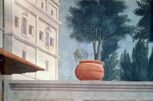Die Auferweckung des Sohnes des Theophilus, König von Antiochia Detail der Aussicht über die Hofmauer, ca. 1427 Fresko von Tommaso Masaccio