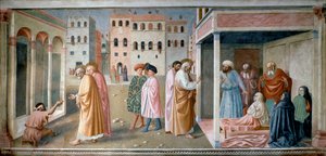 Der heilige Petrus heilt und erweckt Tabitha. Fresko von Tommaso di Cristoforo Fini, genannt Masolino da Panicale