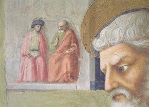 St. Peter heilt einen Krüppel und die Auferweckung der Tabitha Detail des Kopfes von St. Peter mit zwei sitzenden Figuren in der Ferne, ca. 1427 Fresko von Tommaso Masolino da Panicale