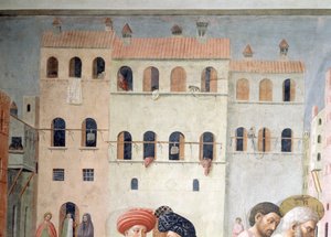 St. Peter heilt einen Krüppel und die Auferweckung der Tabitha Detail der Hintergrundarchitektur, ca. 1427 Fresko