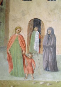 St. Peter heilt einen Krüppel und die Auferweckung der Tabitha: Detail der fernen Figuren: Nonne und Mutter mit Kind, ca. 1427 Fresko von Tommaso Masolino da Panicale