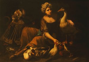 Ein Mädchen füttert Hähne, mit einer Katze auf einem Korb, einer Gans, Ente und anderen Vögeln von Tommaso Salini