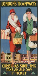 Weihnachtseinkäufe, nehmen Sie ein Ganztagesticket, London County Council LCC Straßenbahnplakat von Tony Castle
