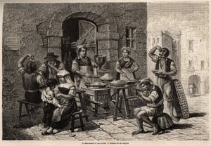Der Makkaronihändler, Zeichnung von Bergue, zur Illustration von Neapel und den Neapolitanern, 1861, von Marc Monnier (1829-1885). Gravur in „Le tour du monde“ 1861. Sammlung Selva von Tony Francois de Bergue