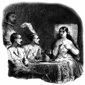 Eine junge Frau und drei Männer vor Weingläsern stehend (Detail)