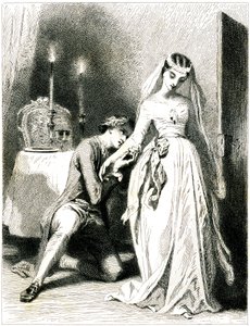 Seufzender Liebhaber kniet zu Füßen seiner schönen Verlobten in einem Kerzenlicht-Interieur - Mädchen in romantischem Kleid und Frisur - Gravur von Tony Johannot (Antoine Johannot)