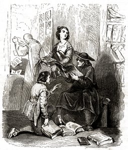 Der Priester Pero Perez und der Barbier Nicolas inspizieren die Bücher in Don Quijotes Bibliothek, ca. 1850 (Illustration)