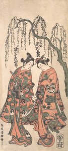 Junge Liebende unter einer herabhängenden Weide, ihre Hände verschränkt, ihre Köpfe geneigt, 1754 von Torii Kiyohiro