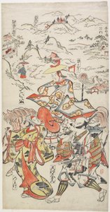 Fujiwara no Teika zu Pferd begleitet von O_e Saemon und der Frau Nowake, um 1710
